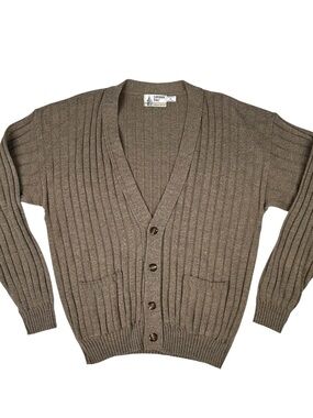 Vintage London Fog Cardigan Sweater Mens XL Brown Ribbed Knit Made In USA 80s